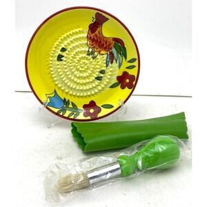 BonCera 4pcs Ceramic Garlic Grater Set Hand‎ Crafted Rooster Peeler Brush NEW